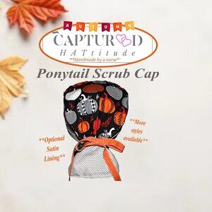 Womens Night Pumpkins Ponytail Scrub Cap, Handmade NWOT